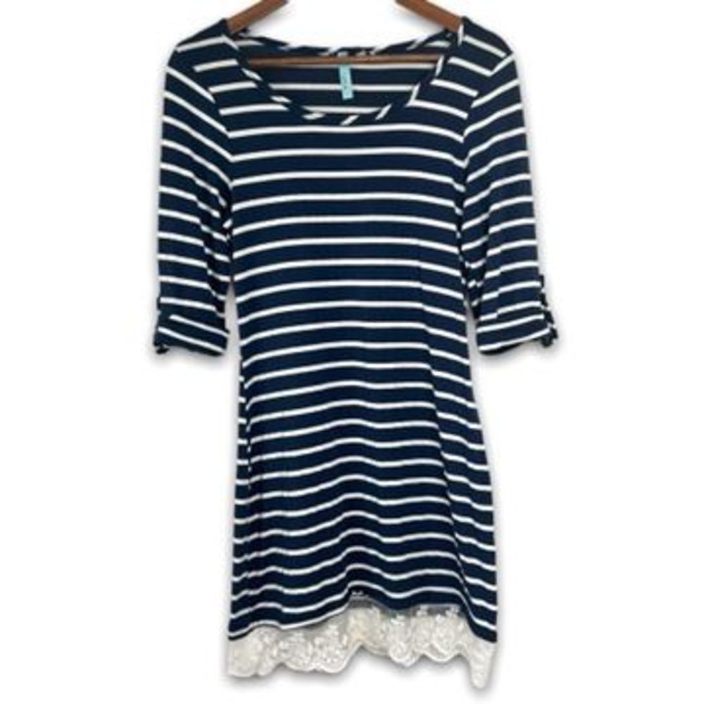 Loila Navy Blue White‎ Striped Roll Tab Sleeve Crew Neck Lace Hem Dress M